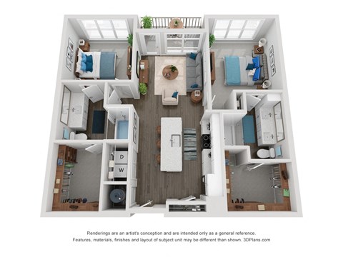 Floor plan for 2 beds, 2 baths, 1136 sqft